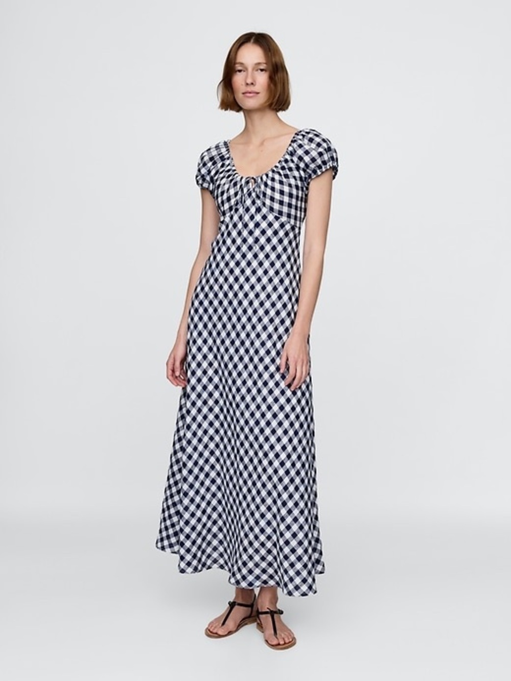 Gingham Maxi Dress with Scoop Neck - Navy & White